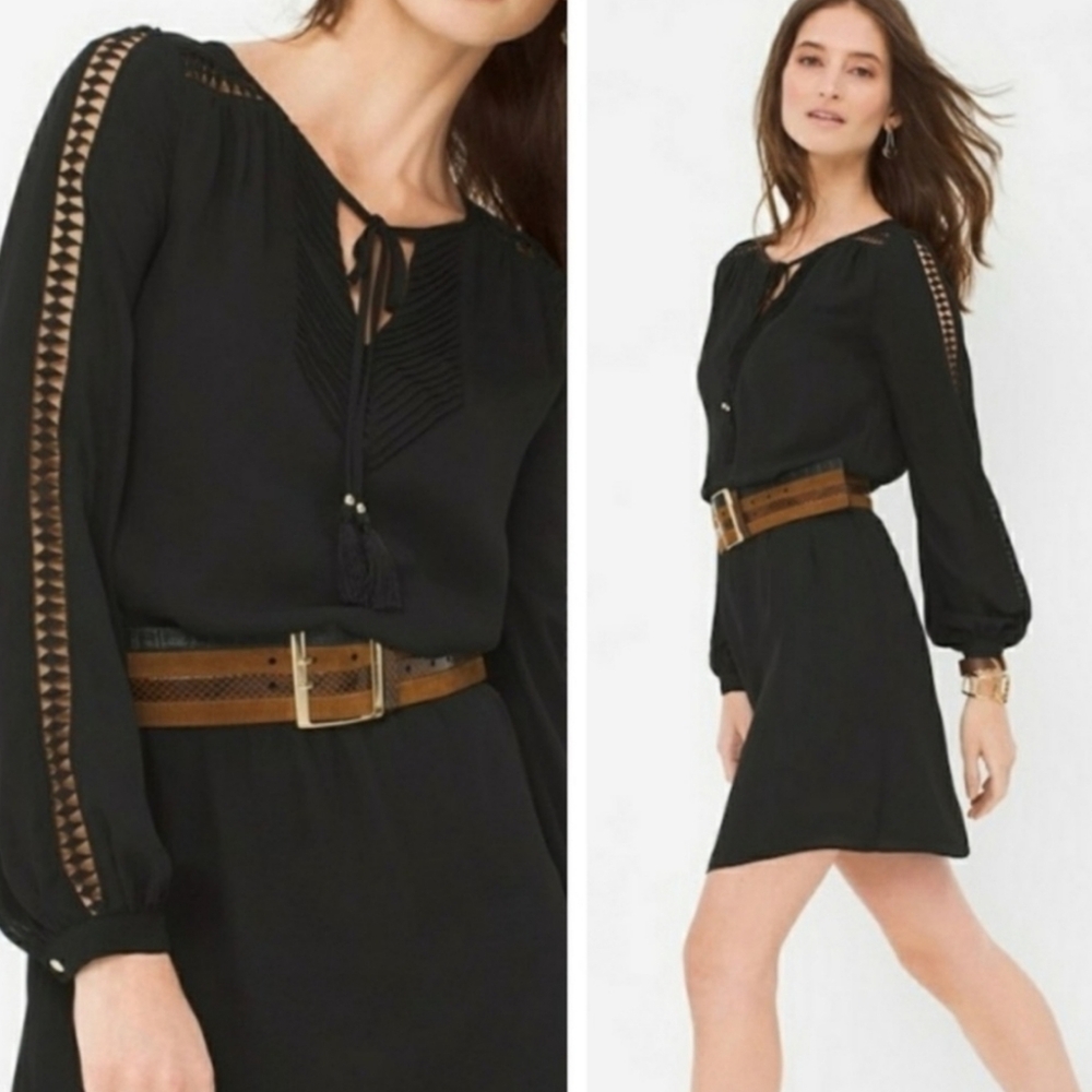 White House Black Market WHBM Black Peasant Blouson Dress Size 0 Tassel NO BELT